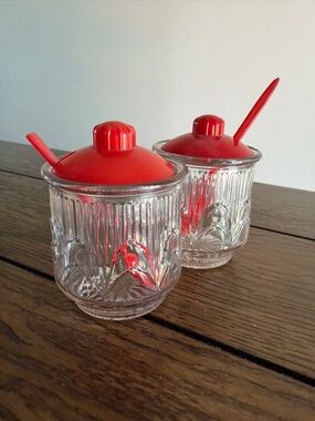 Medco Glass Condiment Set Red topped Jar With Spoon Jelly Jars Floral Tulip 50s